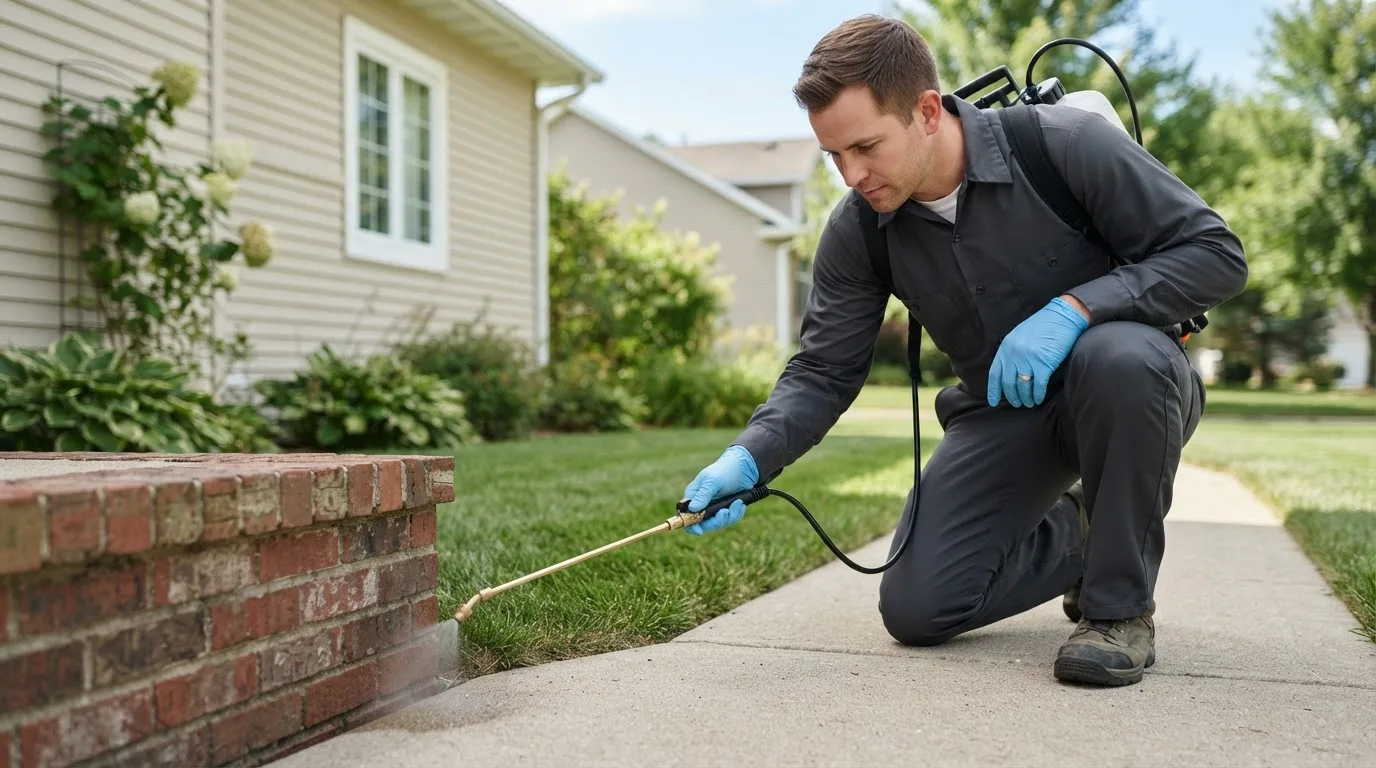 Pest control technician treating a home near Mesquite, TX